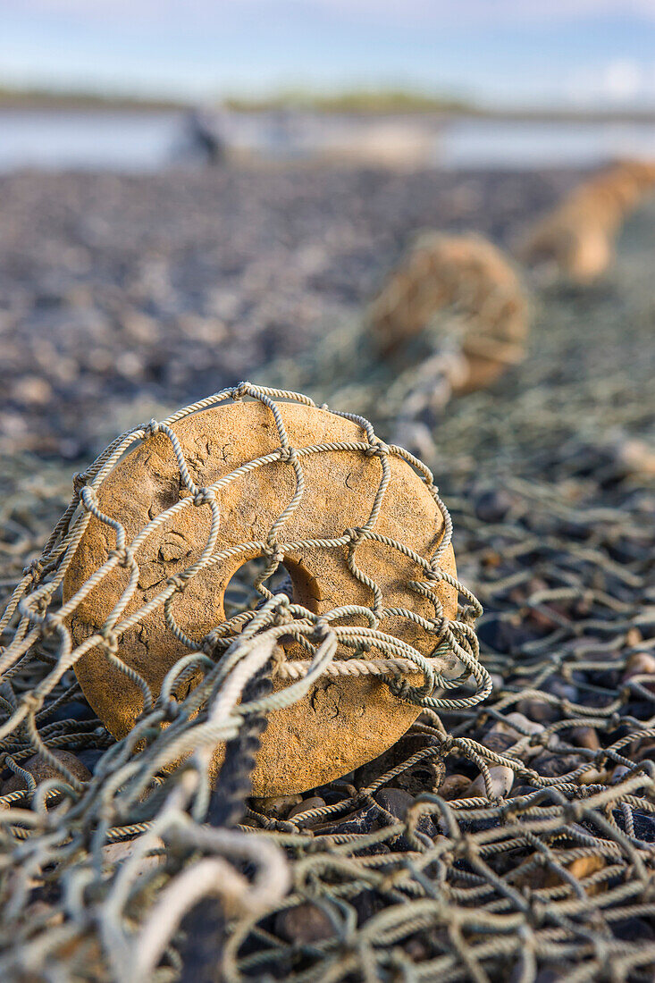 Fishing nets with sponge floats on the banks of the Noatak River, Noatak, Arctic Alaska, Summer, USA