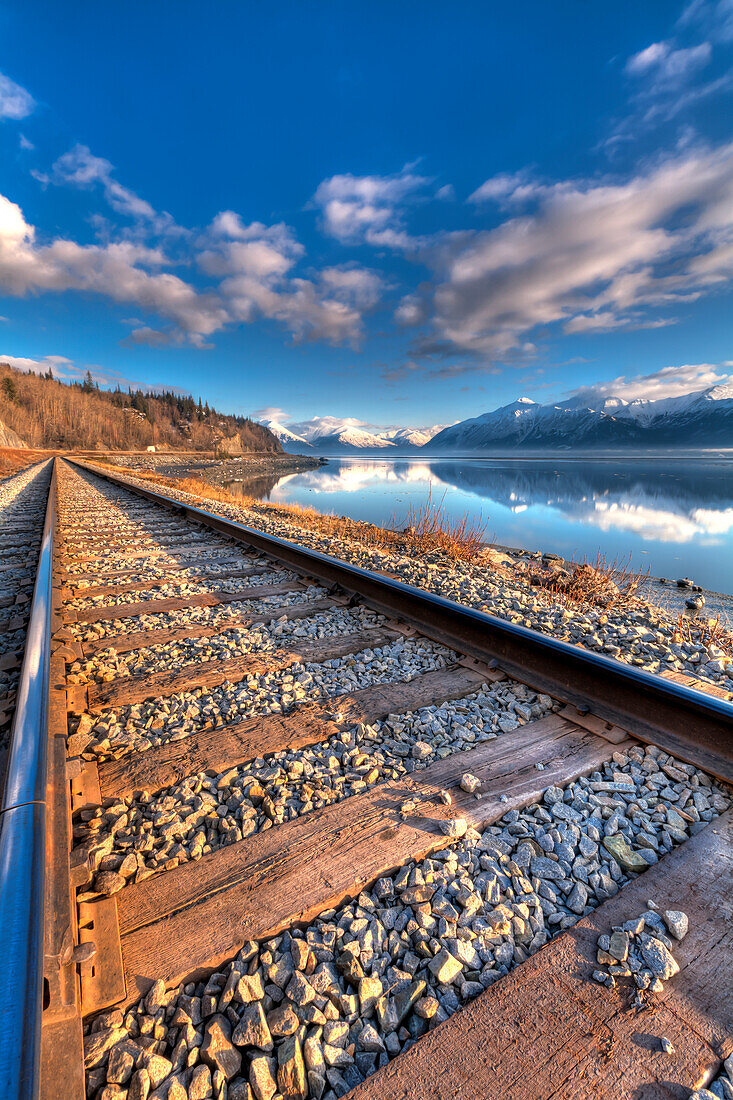 Railroad tracks along Turnagain Arm and the Seward Highway near Anchorage, Southcentral Alaska, Spring, HDR