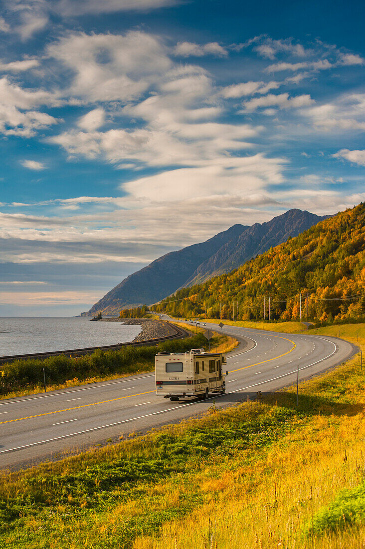 Recreational Vehicle on the Seward Highway along Turnagain Arm section of the Cook Inlet on a Fall day in South Central Alaska, HDR