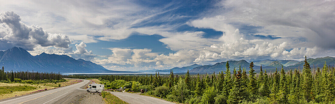 Panorama scenic of the Alaska Highway and Kluane Lake in the distance, Yukon Territory, Canada, summer
