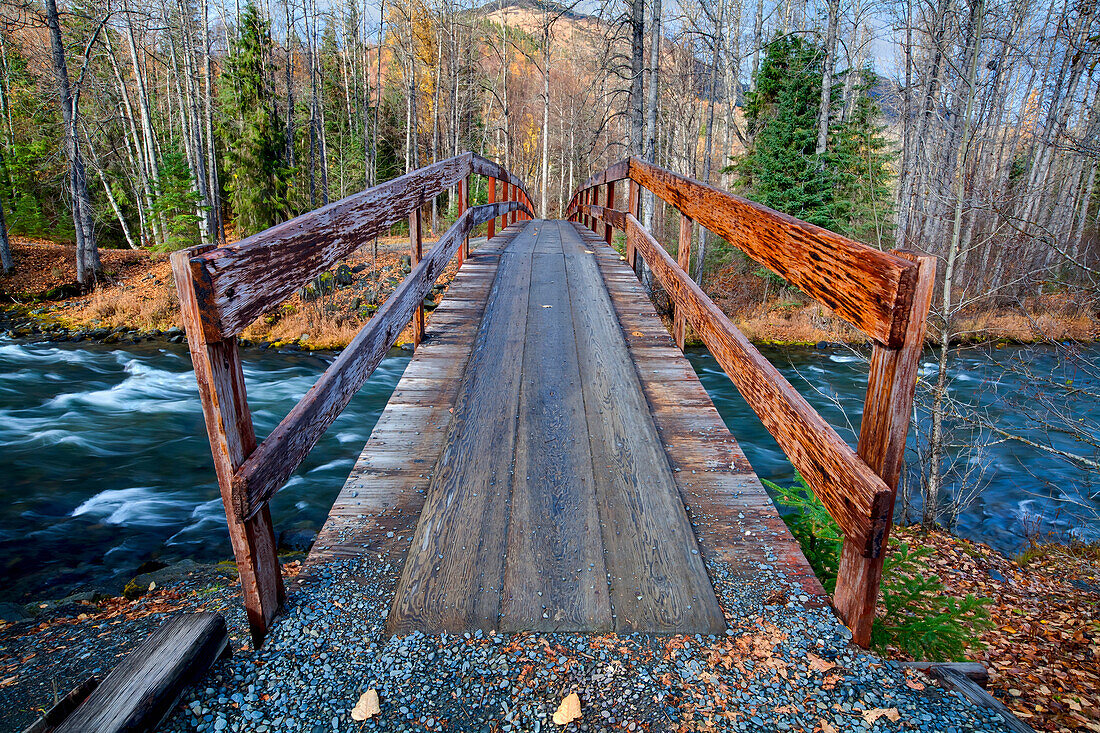 Resurrection Pass Trail Bridge Over Resurrection Creek Near Hope, Southcentral Alaska, Fall Hdr