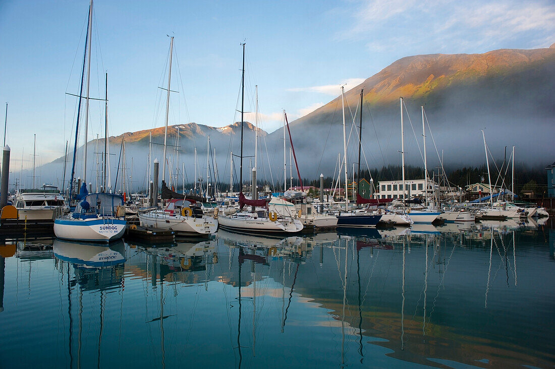 The waterfront of Seward, Alaska, with Mount Marthon in the background.