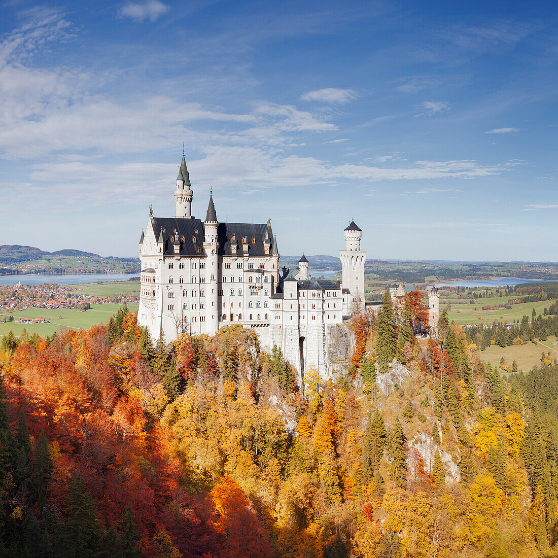 View of the castle Neuschwanstein from Marienbruecke in Autumn, Upper Allgaeu, Bavaria, Germany