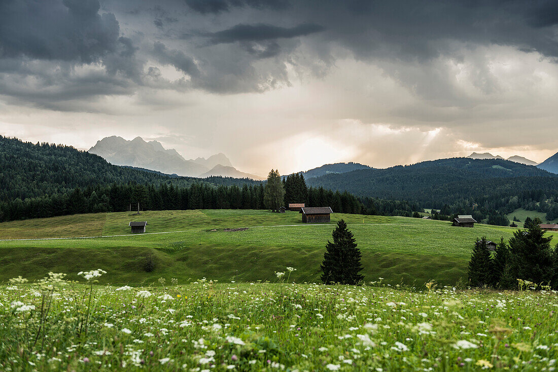 Buckelwiesen und Gewitterstimmung, bei Mittenwald, Oberbayern, Bayern, Deutschland