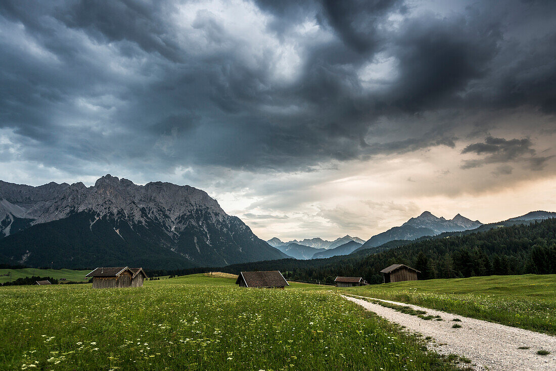 meadows and thunderstorm, near Mittenwald, Upper Bavaria, Bavaria, Germany