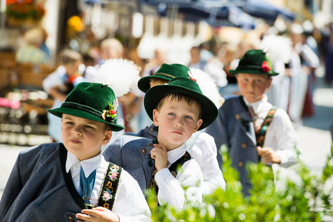 Young boys in traditional clothes at the traditional prozession, Garmisch-Partenkirchen, Upper Bavaria, Bavaria, Germany