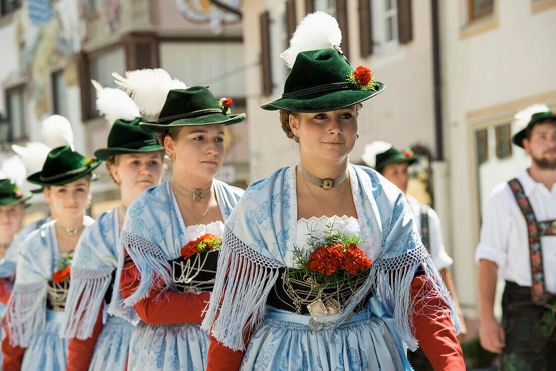 Women wearing traditional clothes, traditional procession, Garmisch-Partenkirchen, Bavaria, Germany