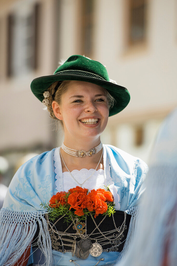 Woman wearing traditional clothes, traditional procession, Garmisch-Partenkirchen, Bavaria, Germany