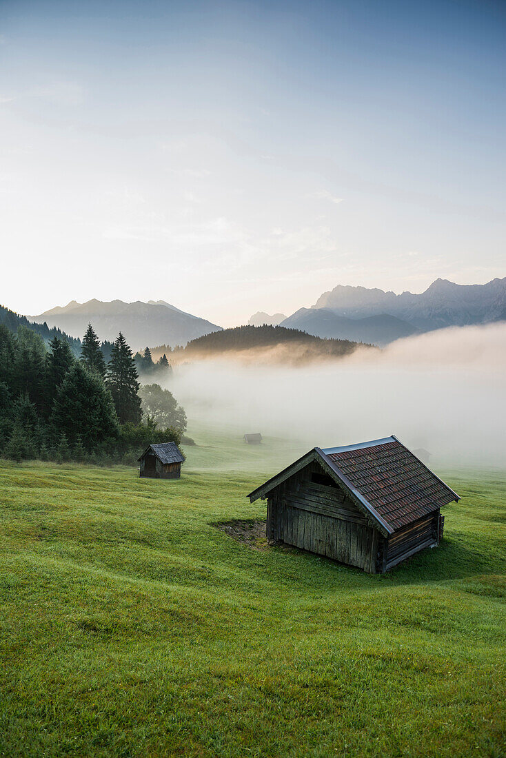 Sonnenaufgang, Geroldsee, Wagenbrüchsee, Krün, bei Garmisch-Partenkirchen, Oberbayern, Bayern, Deutschland