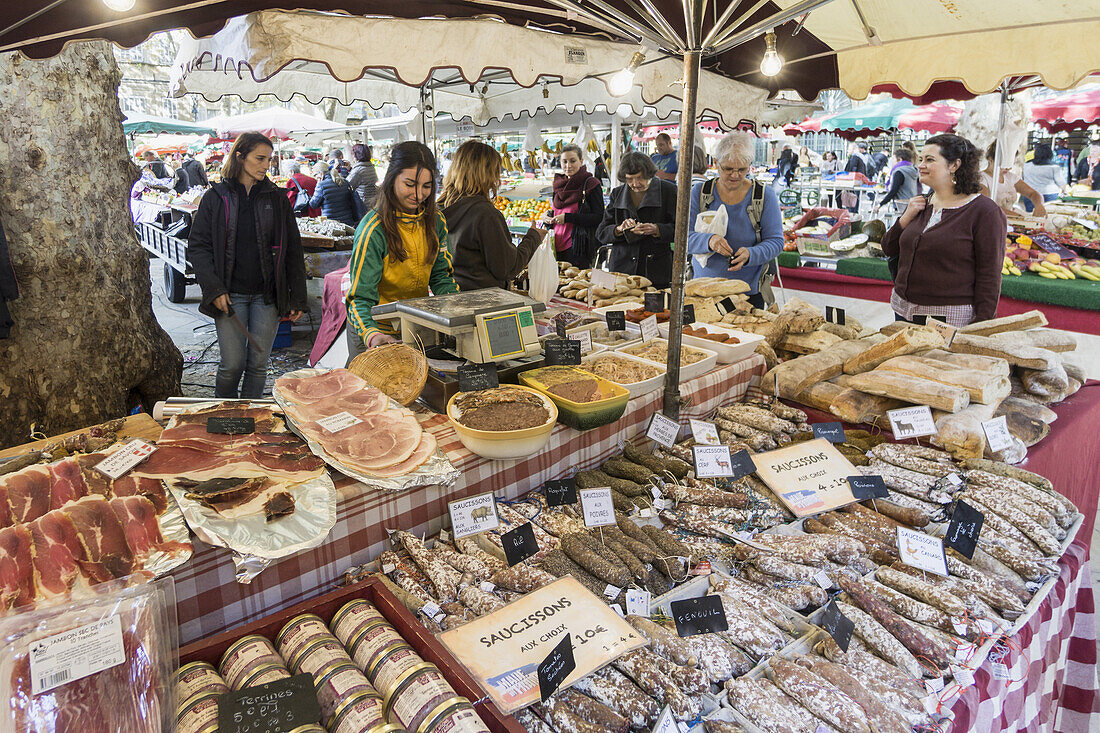 Market stall at Market Place Richelme, Deli Food, Sausages, Aix en Provence, Bouche du Rhone, Cote d'Azur, France