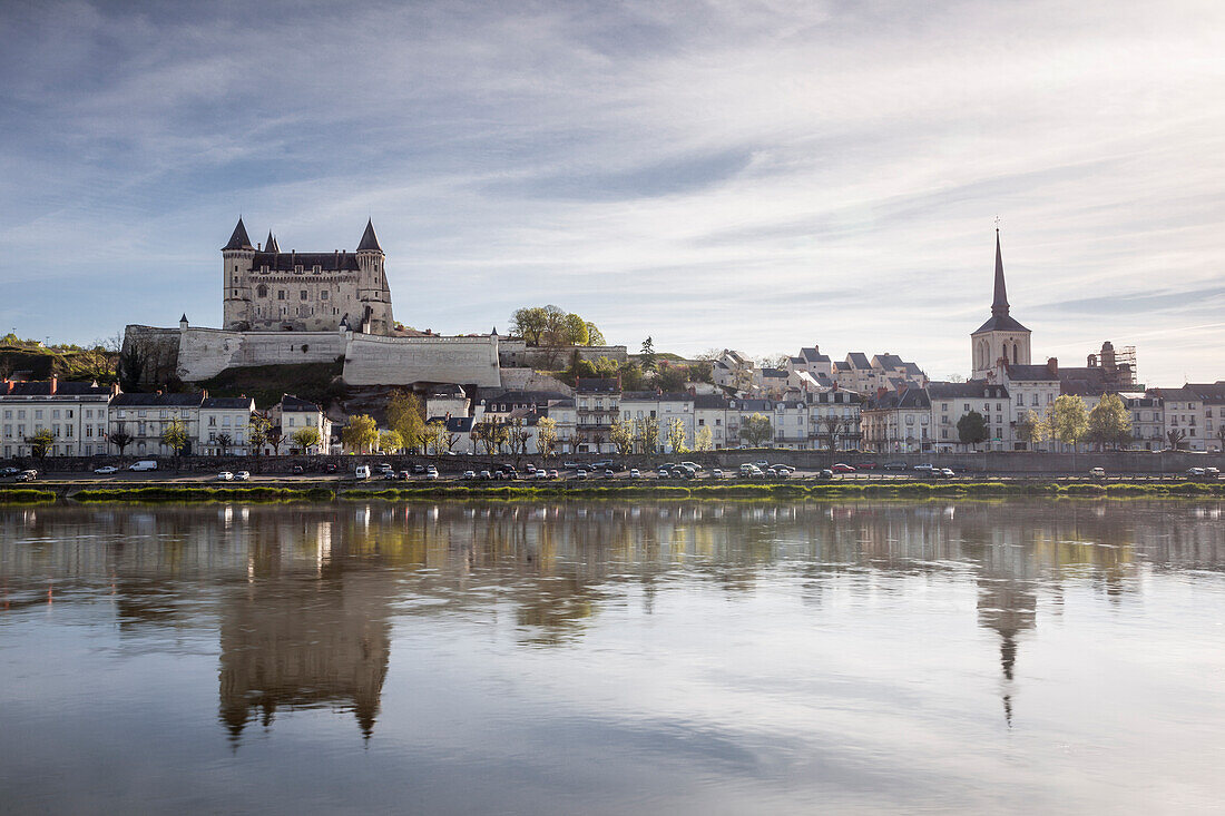 Looking across the River Loire towards the town of Saumur and its castle, Maine-et-Loire, France, Europe