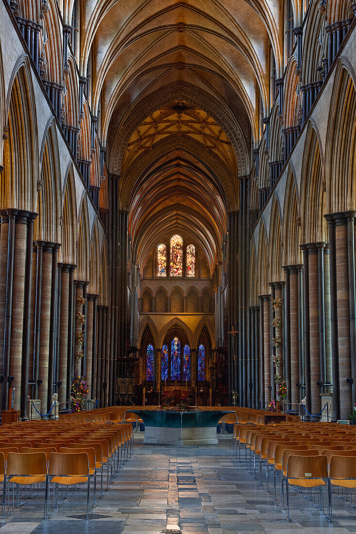 Looking down the magnificent nave of Salisbury Cathedral, Salisbury, Wiltshire, England, United Kingdom, Europe