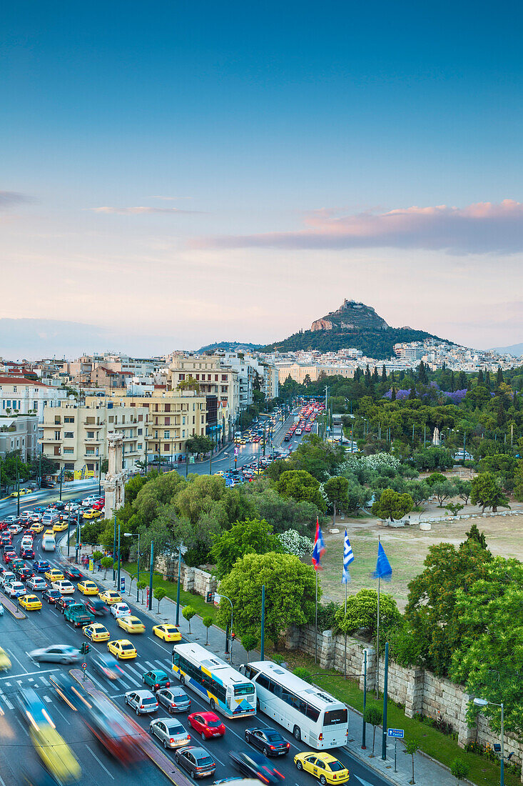 View of Leoforos Vasilissis Amalias towards Lykavittos Hill, Athens, Greece, Europe