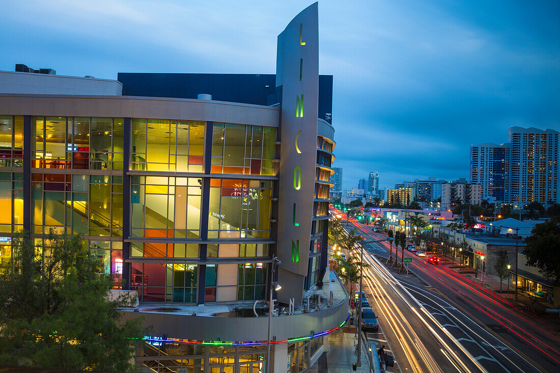View of Lincoln Regal cinemas and Alton Road, South Beach, Miami Beach, Florida, United States of America, North America