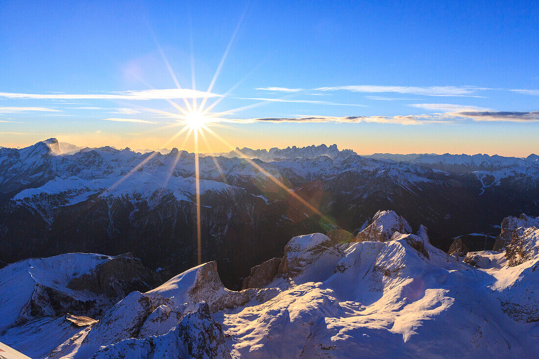 Aerial view of Catinaccio Group at sunset, Sciliar Natural Park, Dolomites, Trentino-Alto Adige, Italy, Europe