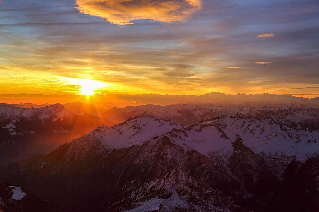 Aerial view of Masino Valley at sunset, Valtellina, Lombardy, Italy, Europe