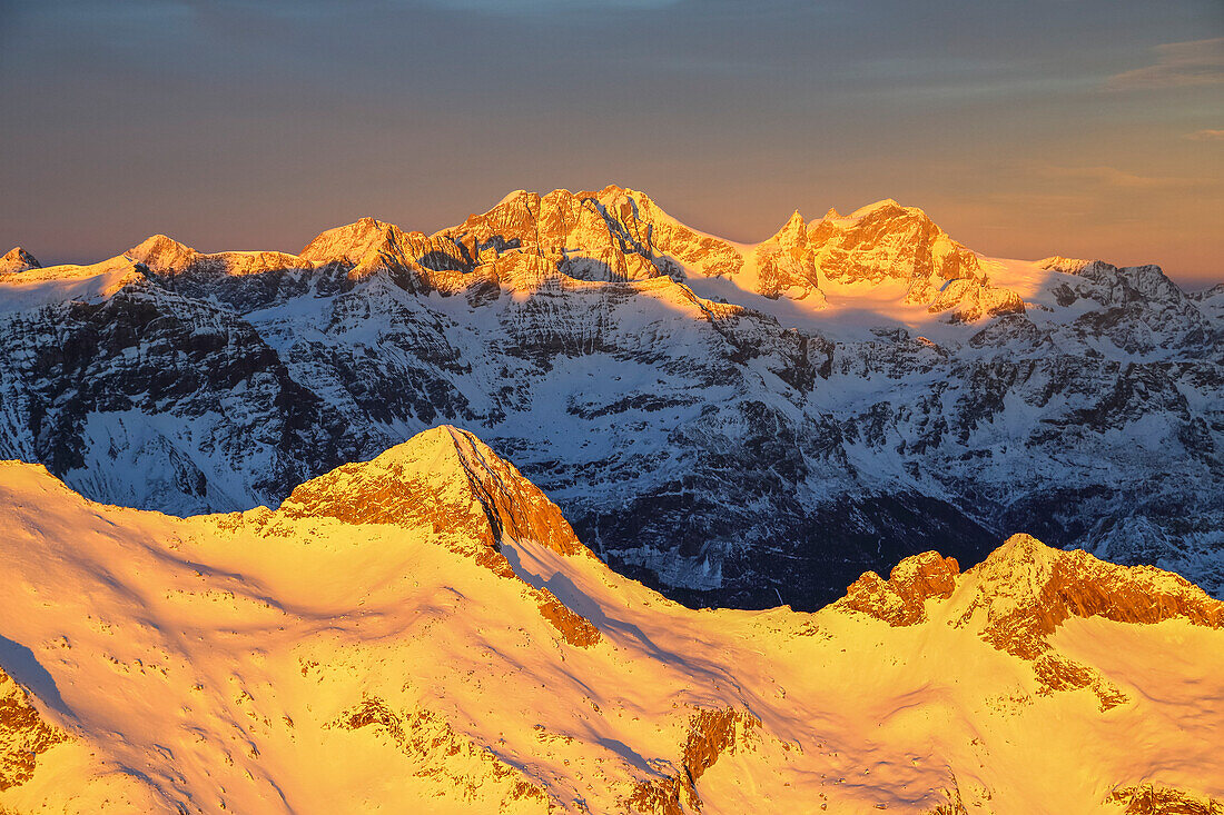 Aerial view of peak Baroni and Bernina Group at sunset, Masino Valley, Valtellina, Lombardy, Italy, Europe