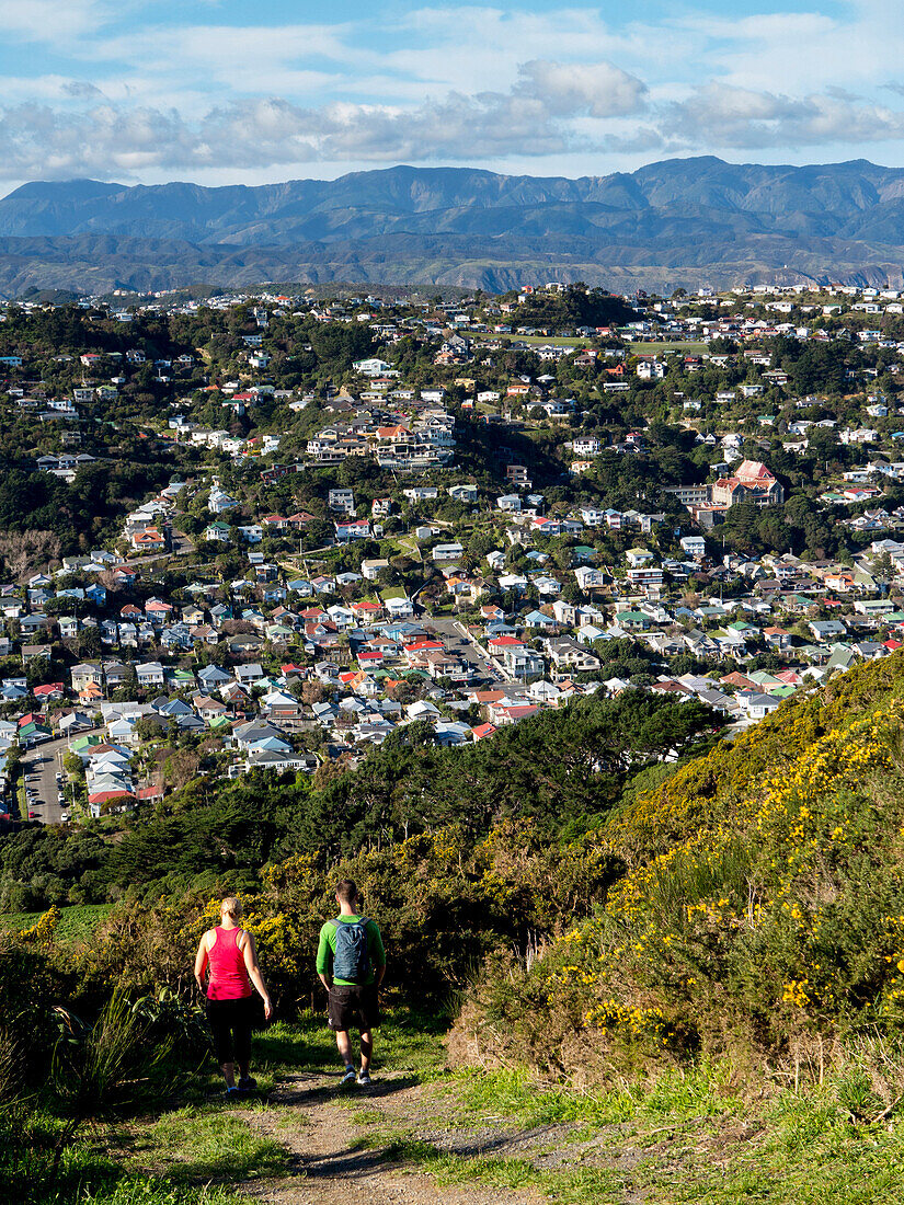 Suburbs and Rimutaka Ranges from Kingston with couple on walking track, Wellington, North Island, New Zealand, Pacific