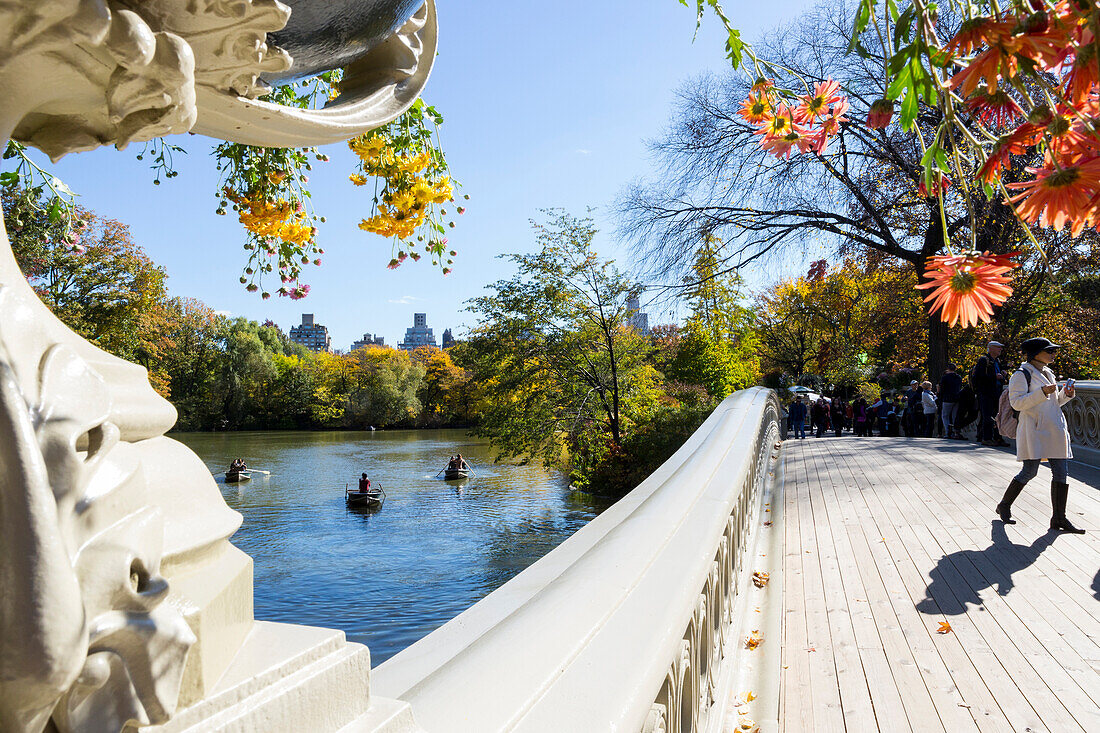 Bow Bridge over The Lake and rowing boats, Autumn, fall, skyline, Central Park, Manhattan, New York City, USA, America