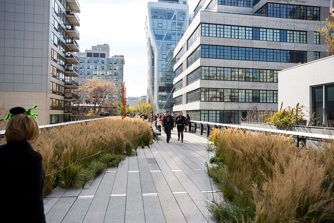 Spaziergaenger auf der High line, Parkanlage auf der ehemaligen ueberirdischen Subwaytrasse, downtown Manhattan, New York City, USA, Amerika