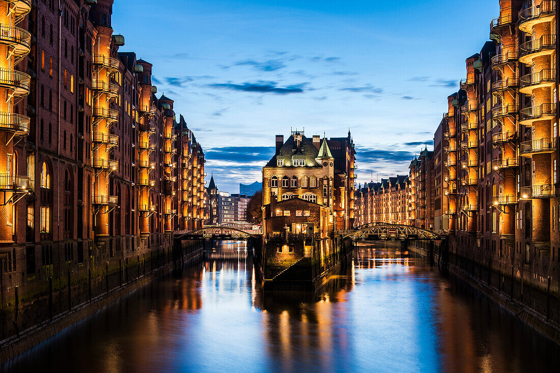 view  to the Watercastle in the old Speicherstadt in the twilight, Hafencity of Hamburg, north Germany, Germany