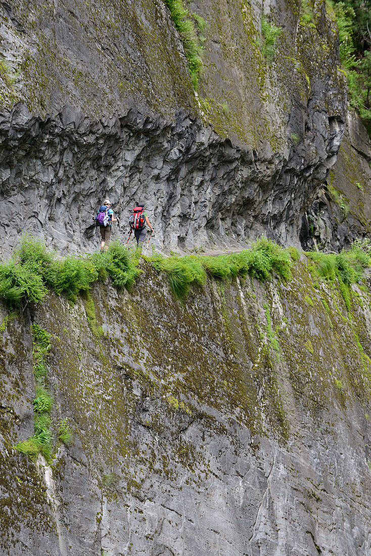 Zwei junge Frauen laufen auf einem in die steile Felswand geschlagenen Steig auf dem Nar-Phu Trek, Nepal, Himalaya, Asien