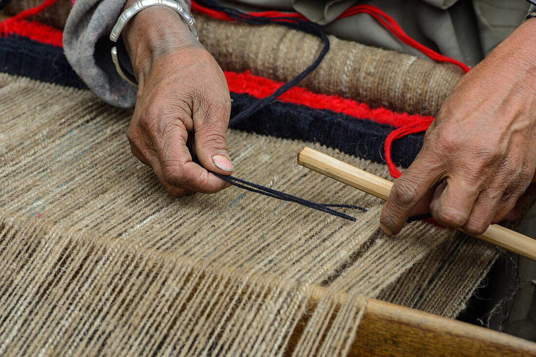 Women weaving on a simple weaving loom in Nar, Nepal, Himalaya, Asia