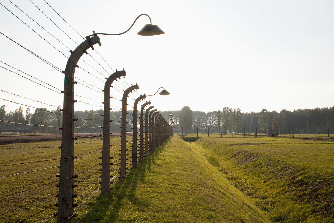 Electrified Barbed Wire Fence Separating Sections Of The Auschwitz-Birkenau Concentration Camp, Oswiecim, Malopolska, Poland