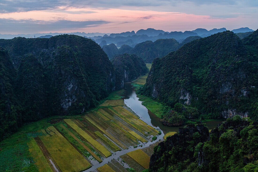 Aerial view of rice paddies and mountains in rural landscape
