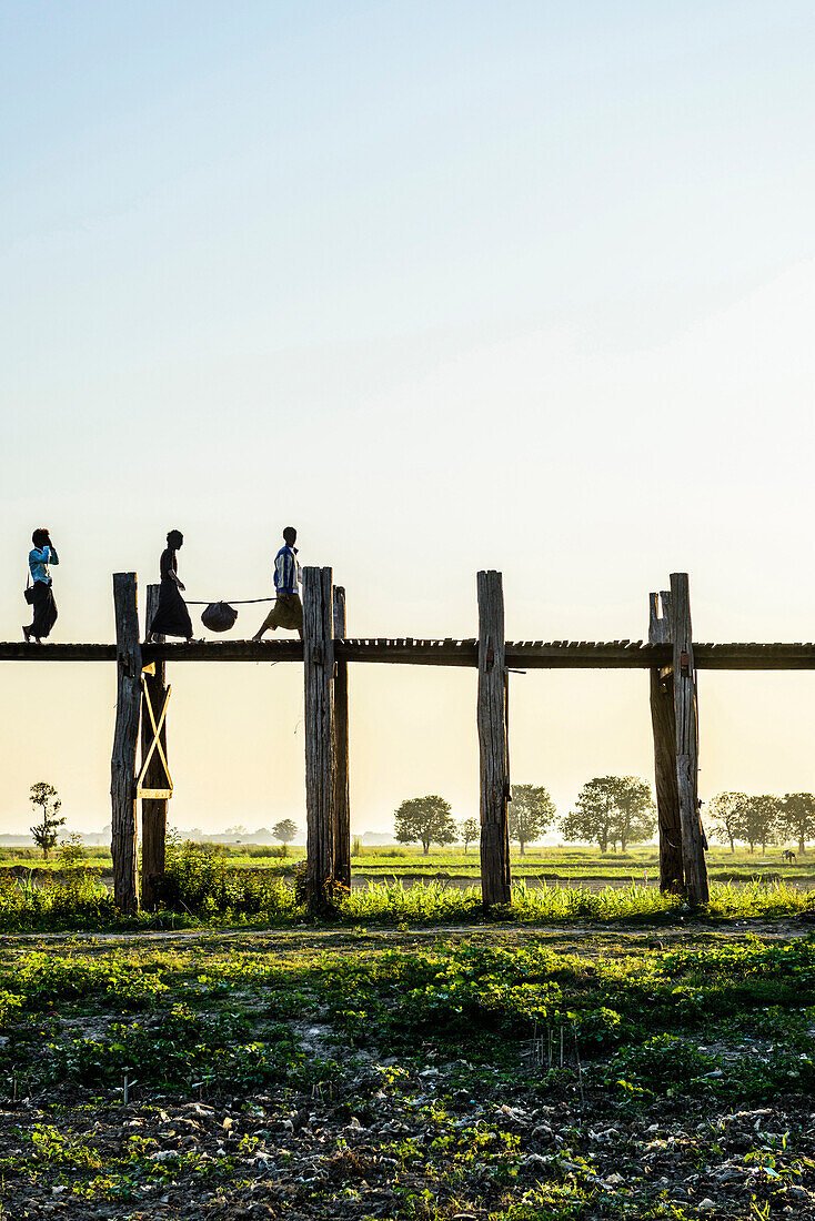 People walking on elevated wooden walkway in rural landscape