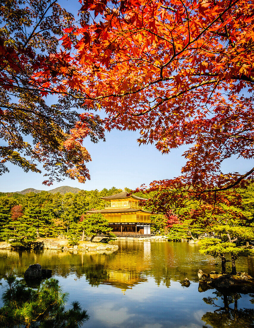 Gold Temple reflecting in still lake, Kyoto, Japan