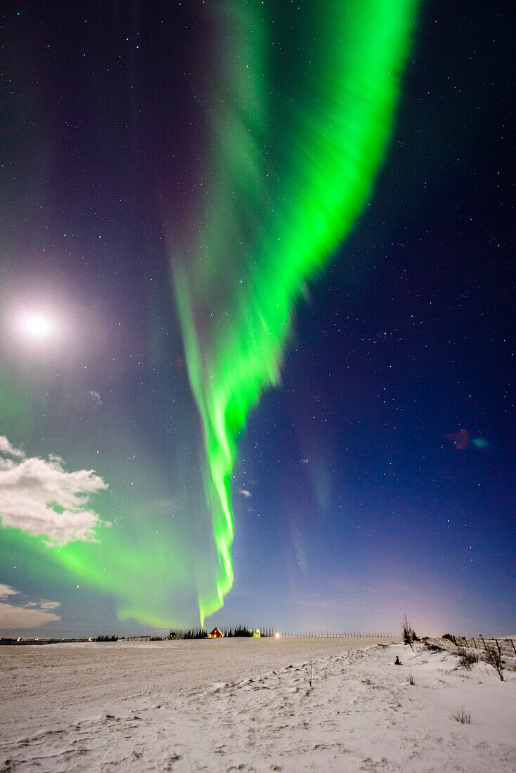 Northern lights in sky over snowy landscape