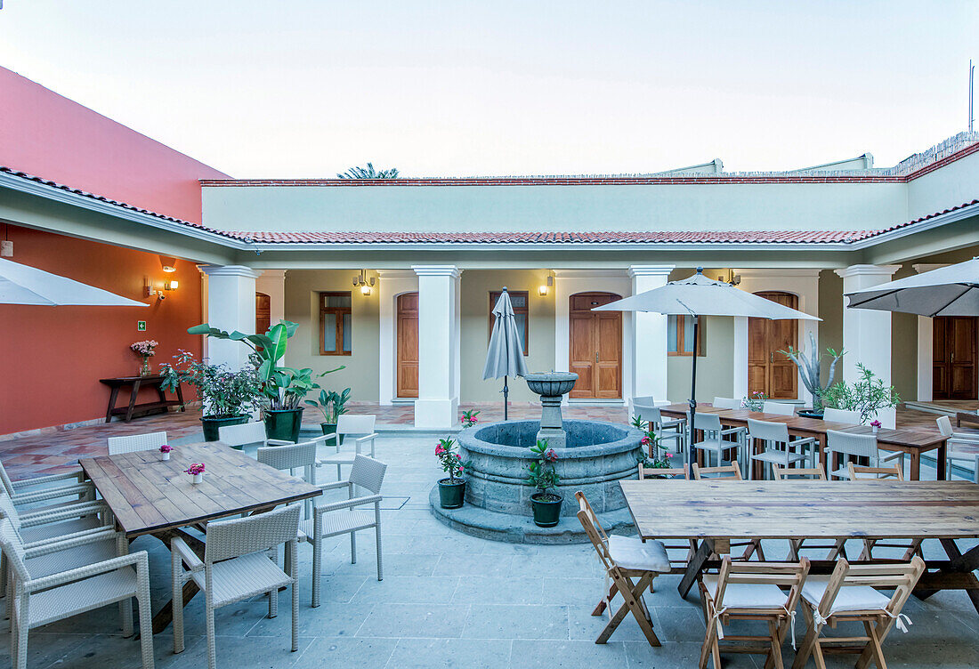 Patio tables in hotel courtyard