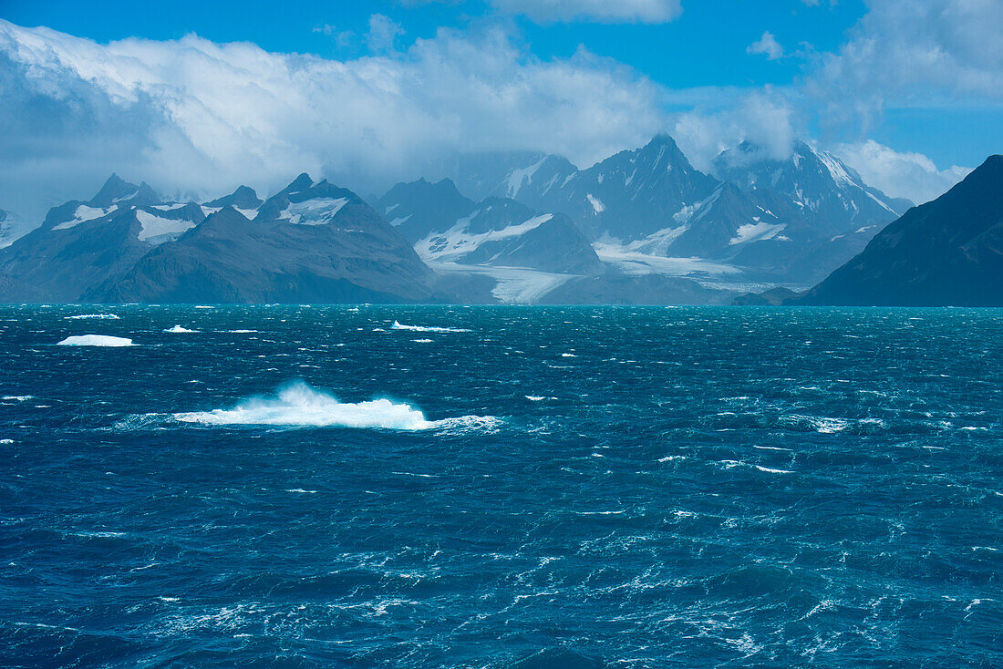 Strong winds whip up the sea with a mountain backdrop, Grytviken, South Georgia Island, Antarctica
