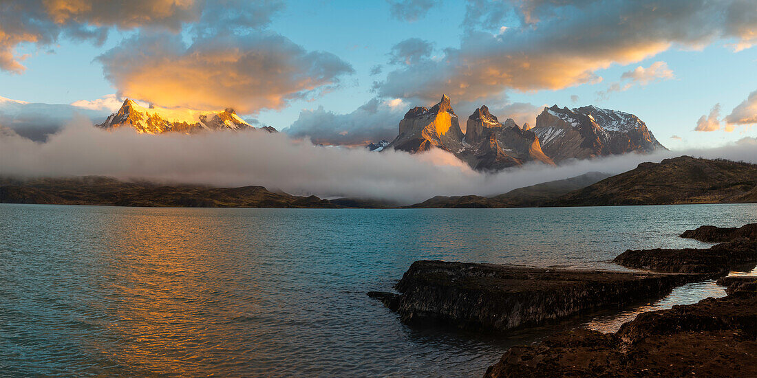 Sunrise over Cuernos del Paine, Torres del Paine National Park and Lago Pehoe, Chilean Patagonia, Chile, South America