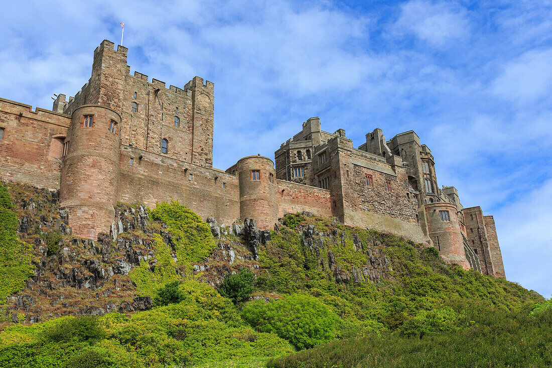 Bamburgh Cast in summer, from below, Northumberland, England, United Kingdom, Europe