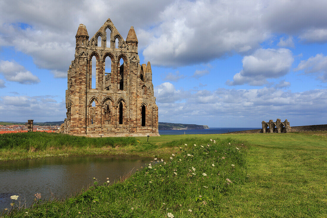 Ruins of Whitby Abbey with Abbey Pond, Whitby, North Yorkshire, England, United Kingdom, Europe