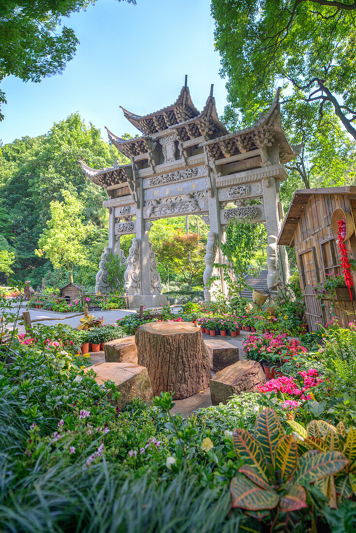 Traditional Chinese stone gate, a place to rest amidst lush vegetation and floral decorations at Wansong Academy, Hangzhou, Zhejiang, China, Asia