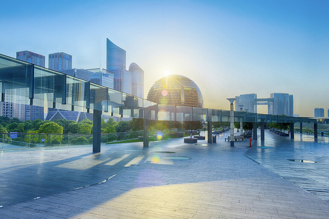 Brand new skyscrapers and modern architecture in an HDR capture in Jianggan, the up-and-coming business district of Hangzhou, Zhejiang, China, Asia