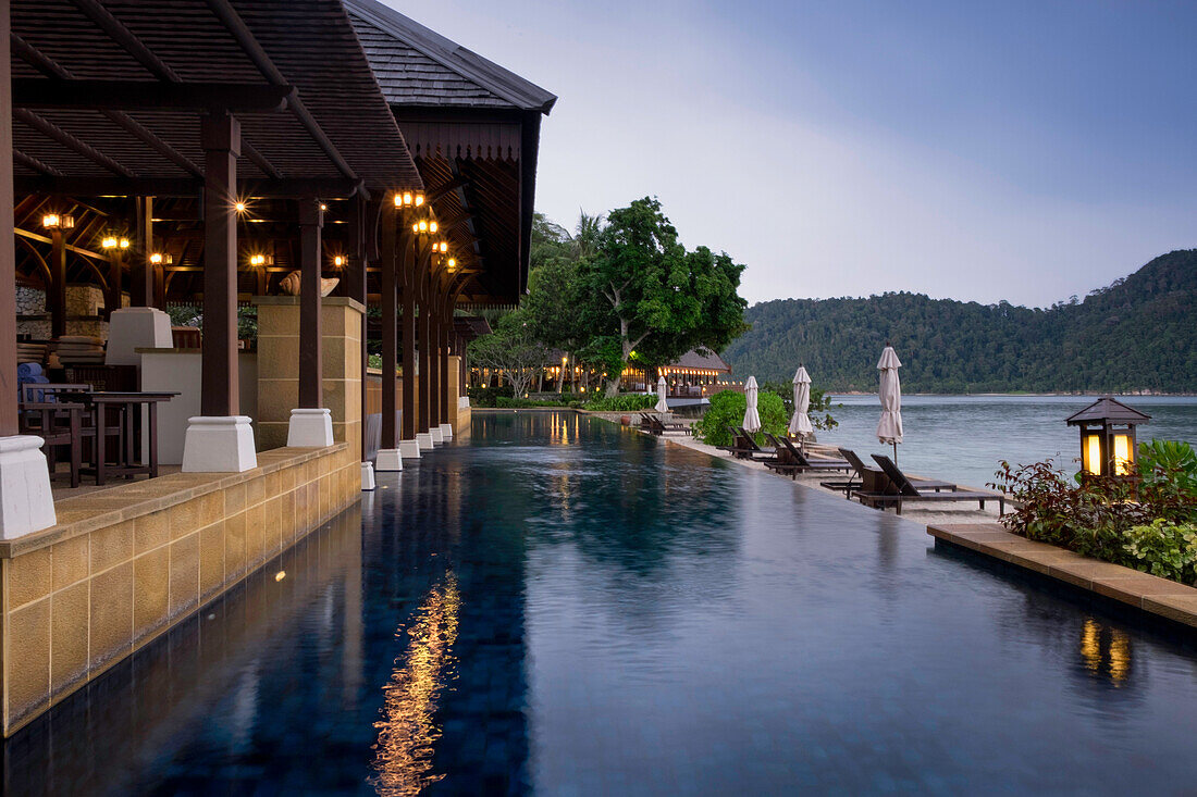 Swimming pool at the luxury resort and spa of Pangkor Laut, Malaysia, Southeast Asia, Asia