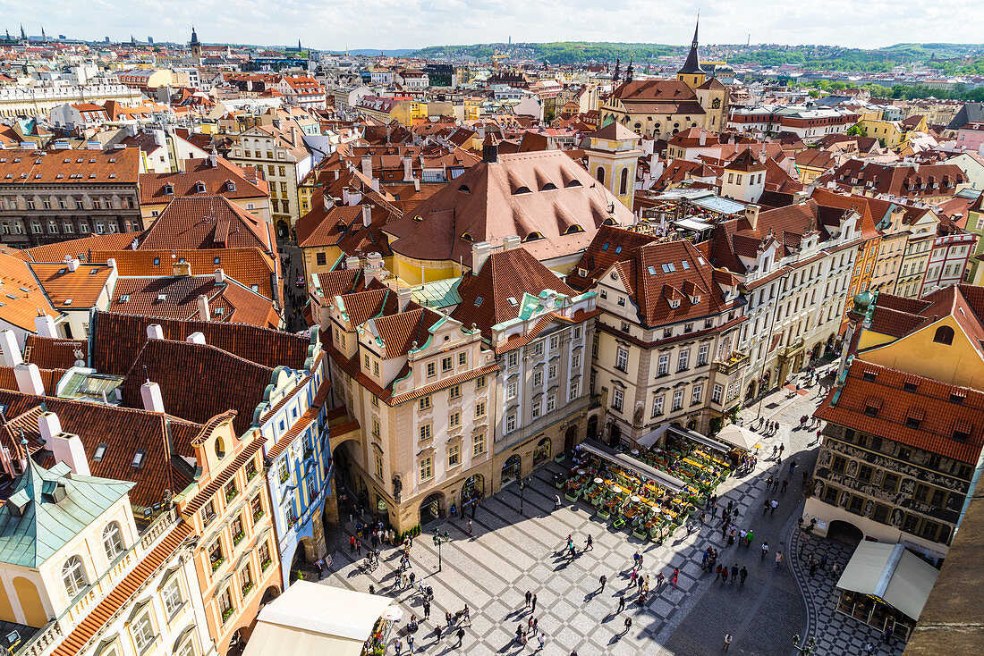 High angle view of buildings in Old Town Square, UNESCO World Heritage Site, Prague, Czech Republic, Europe