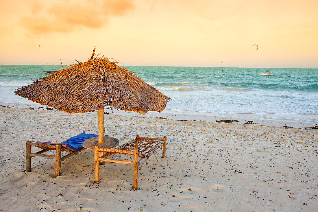 umbrellas on the beach of Paje. Island of Zanzibar. Tanzania. Africa