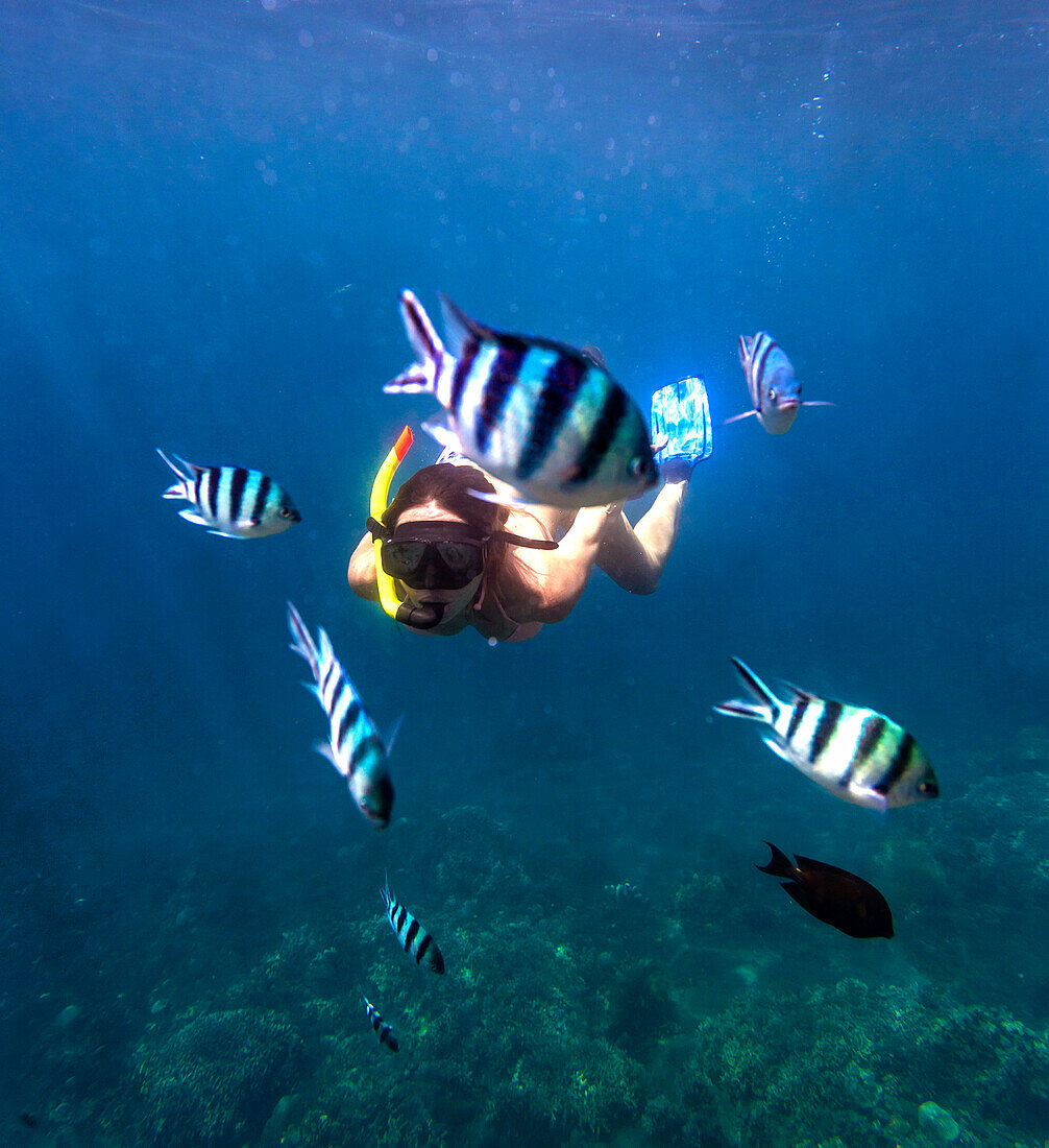 Young woman snorkeling in ocean.