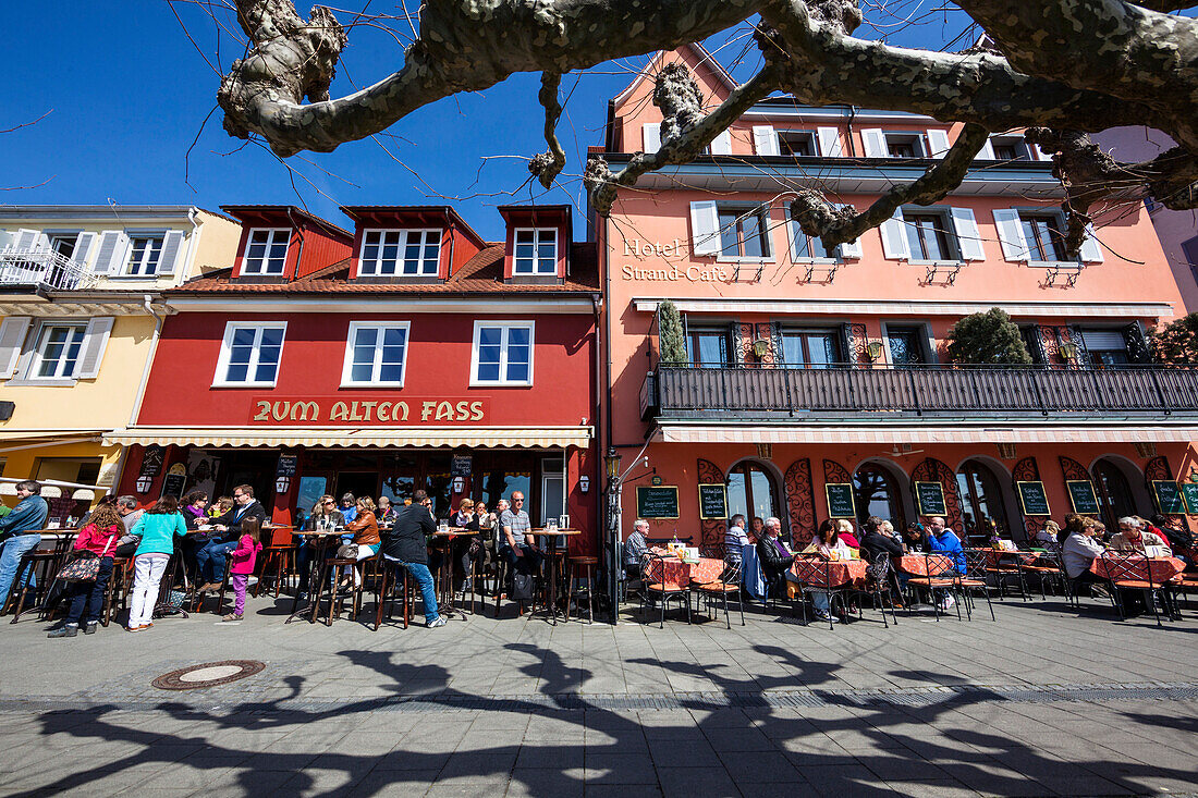 cafes on the promenade at the lakefront of Meersburg, lake Constance, Baden-Wuerttemberg, Germany, Europe