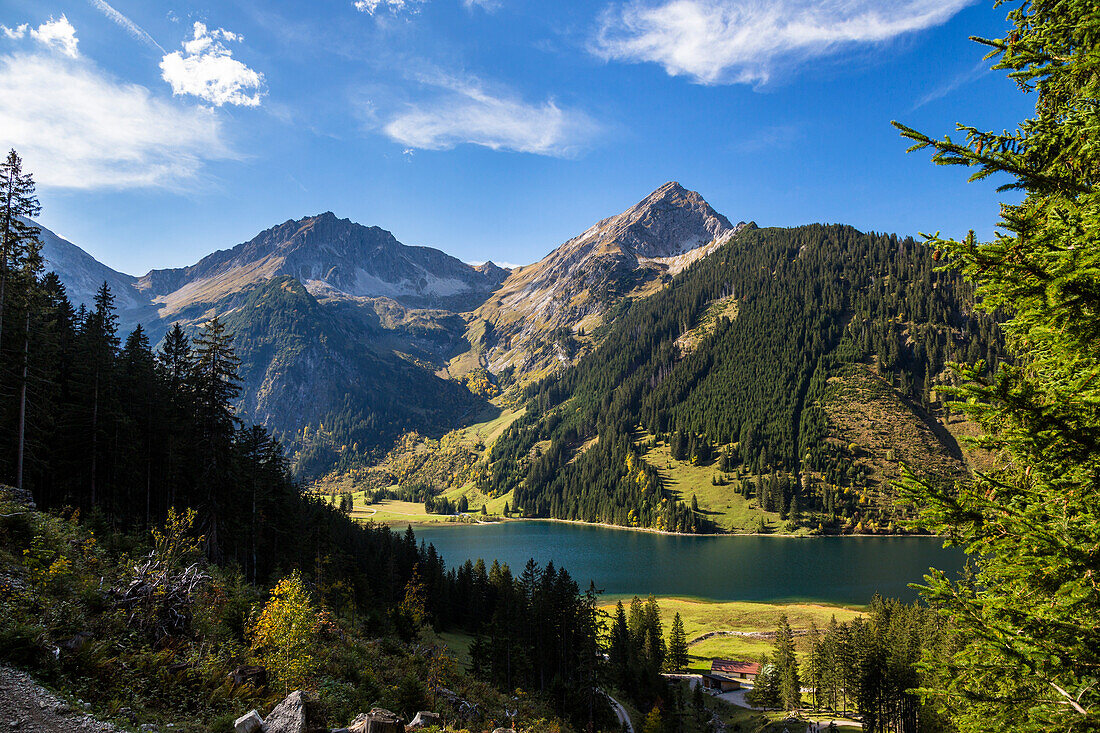 view on lake Vilsalpsee with Rauhhorn, and Geisshorn in fall, Tannheim Valley, Alps, Austria, Europe