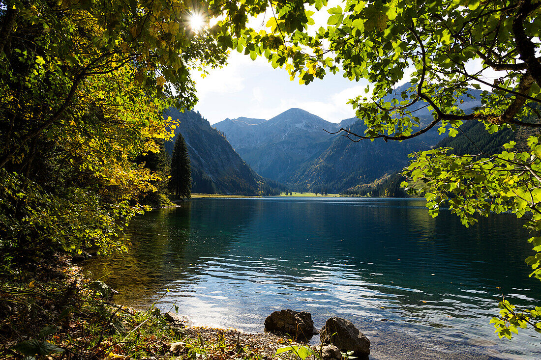 lake Vilsalpsee in fall, Tannheim Valley, Alps, Austria, Europe