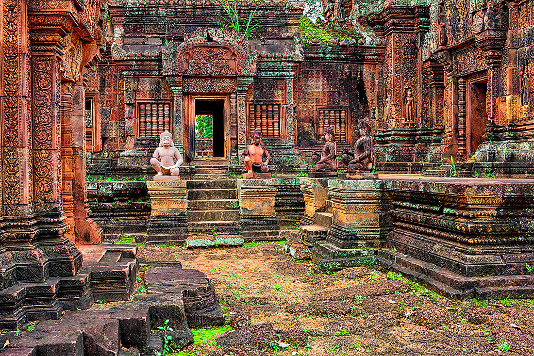 'Banteay Srei or Banteay Srey is a 10th-century Cambodian temple dedicated to the Hindu god Shiva. Located in the area of Angkor in Cambodia. It lies near the hill of Phnom Dei, 25 km (16 mi) north-east of the main group of temples that once belonged to t