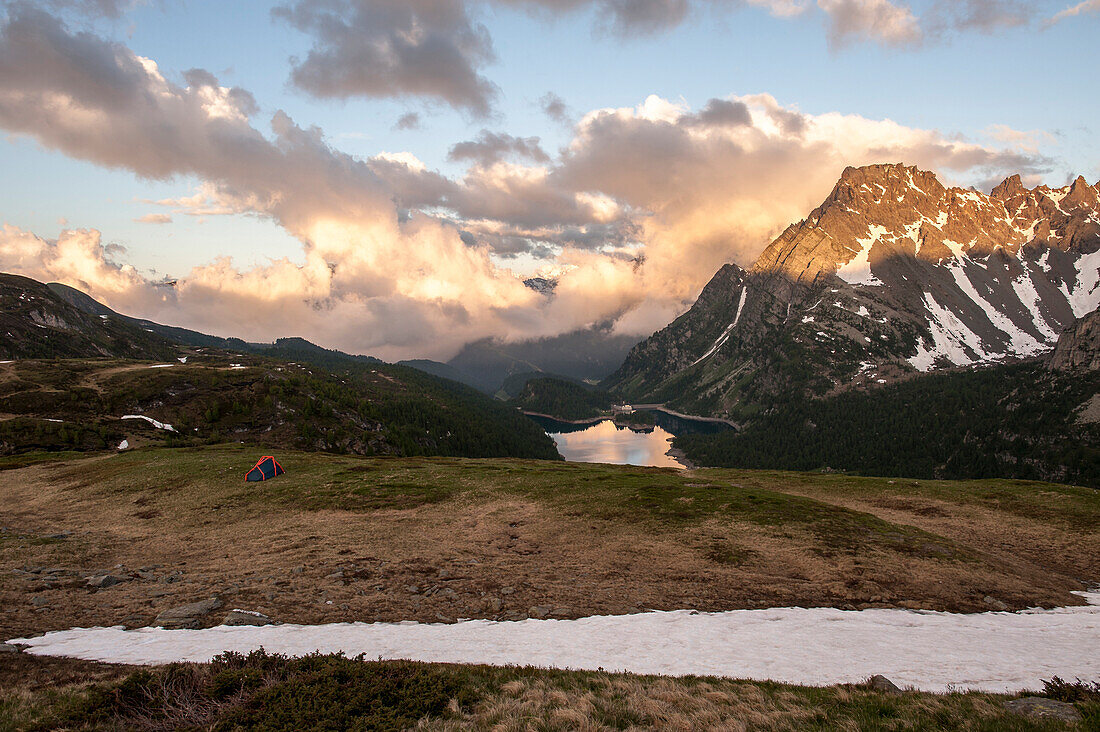 View of a tent while backcountry camping in Devero, in the hearth of italian Alps. Italy.