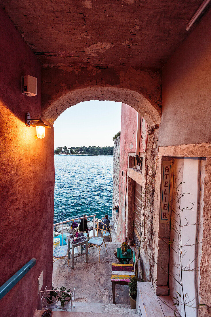 Restaurant terrace along the Adriatic coast, Rovinj, Istria, Croatia