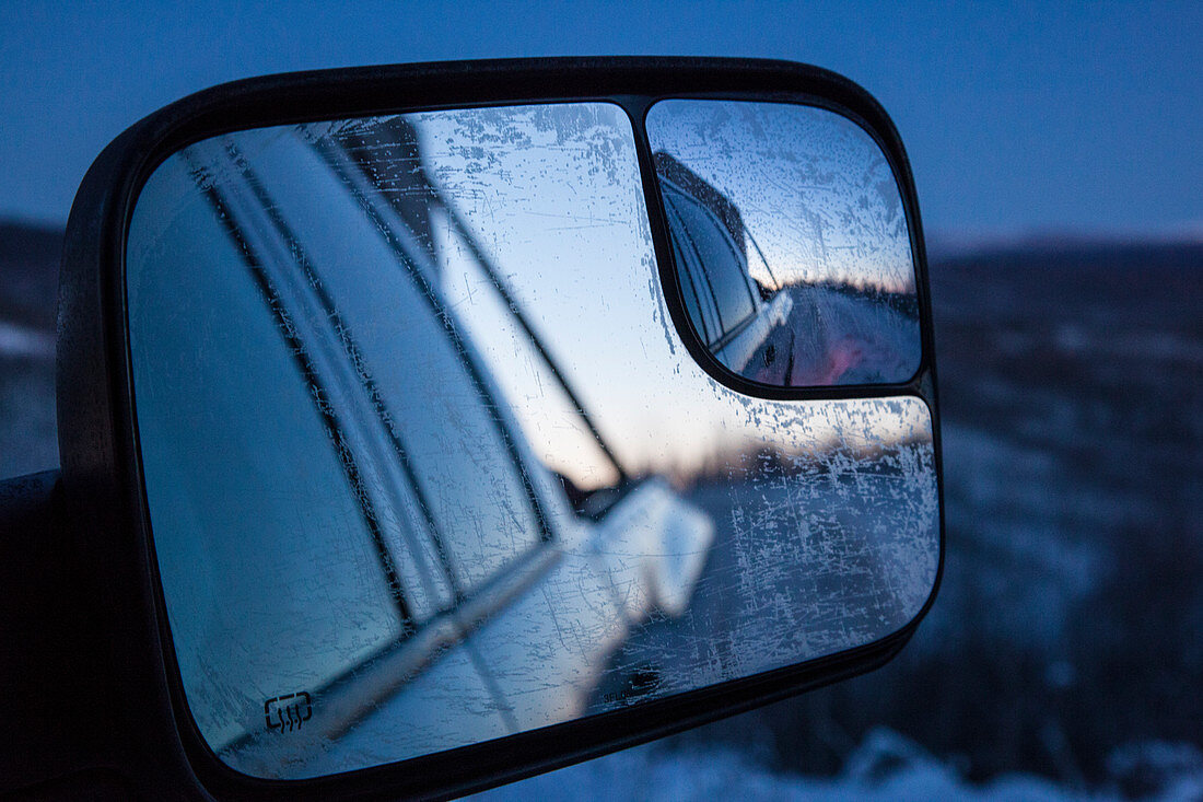 frozen-over rear view mirror